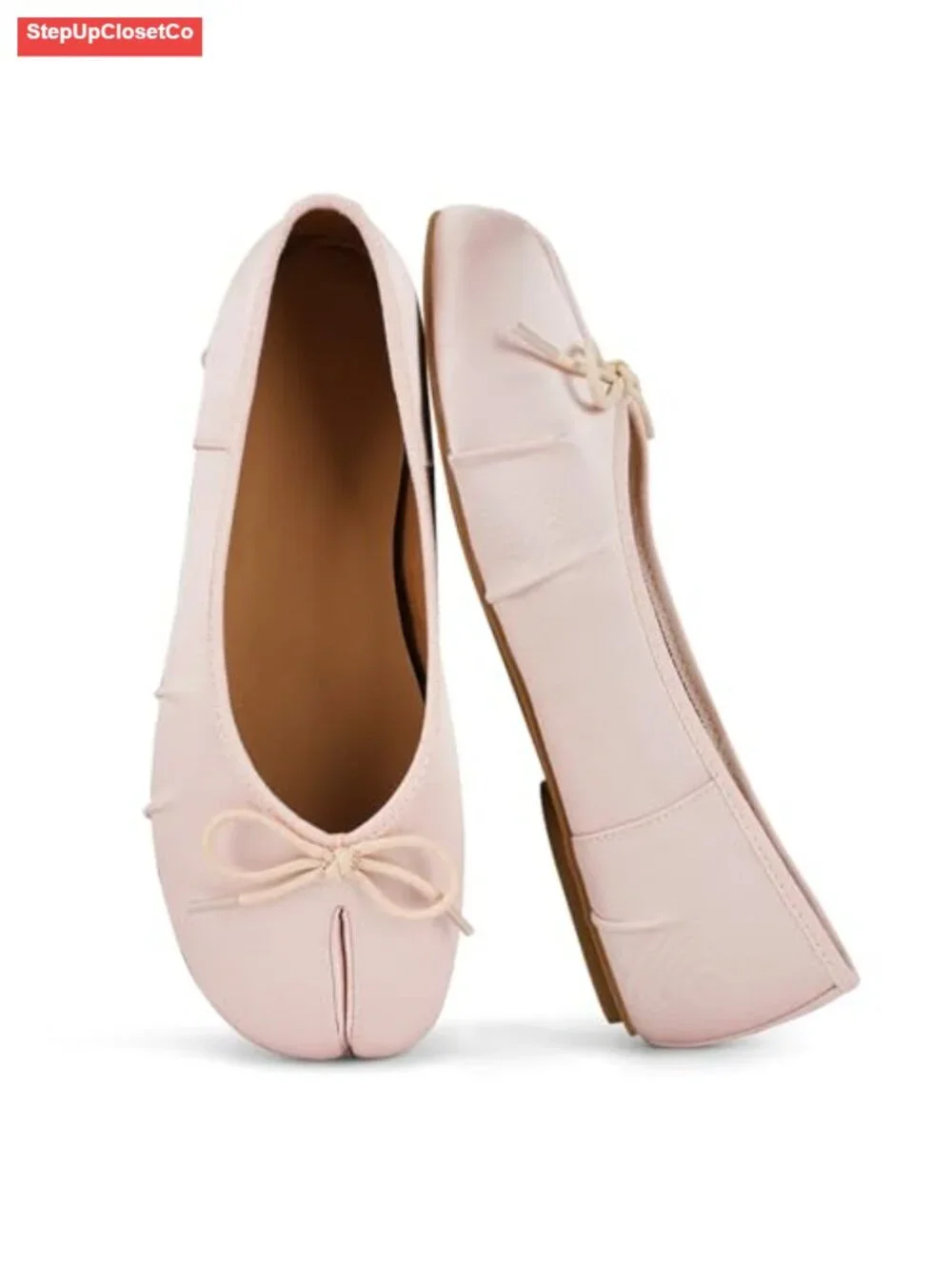 Satin Split Toe Ballet Flats Ruched Detail Bow Accent Slip On Comfort Work Shoes